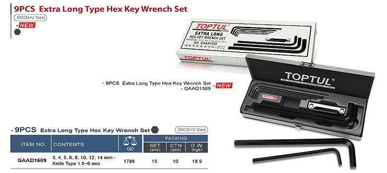 9PCS  Extra Long Type Hex Key Wrench Set