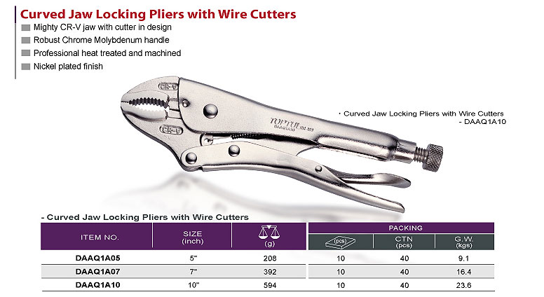 Curved Jaw Locking Pliers with Wire Cutters 